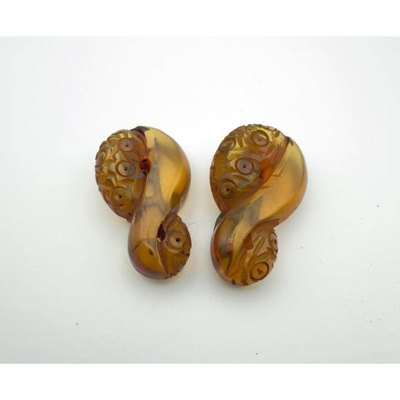 Antique Art Deco Carved Bakelite Dress Clips Pair (c. 1930s) - Picture 1 of 4